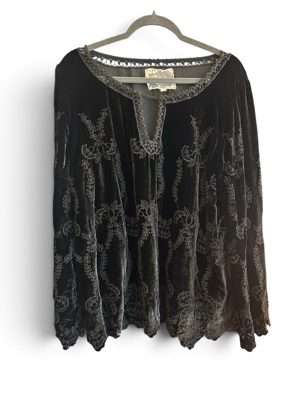 Johnny Was Althea Black Velvet Embroidered peasant V-Neck Tunic XL
